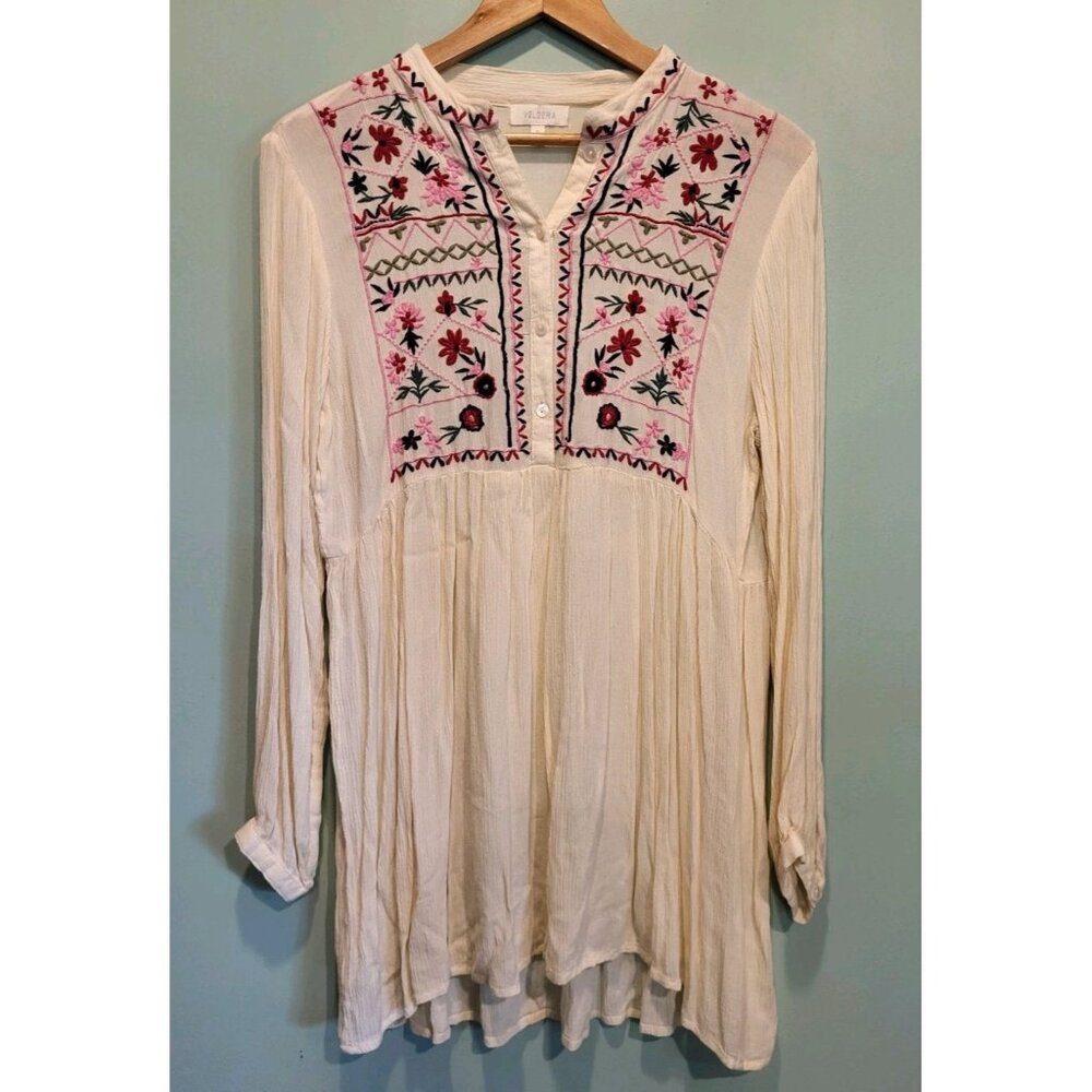 Velzera Ivory Pink Floral Embroidered 1/4 Button Relaxed Fit Boho Tunic Top Sz M